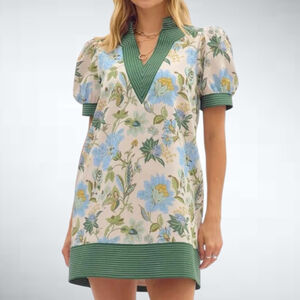 Entro Floral Print Band Contrast Mini Dress in Cream/Green Size S